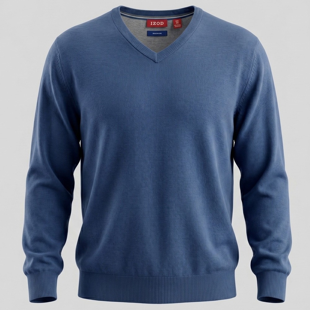 IZOD Mens Large Blue Sweater V-Neck Pullover Long Sleeve Cotton Knit